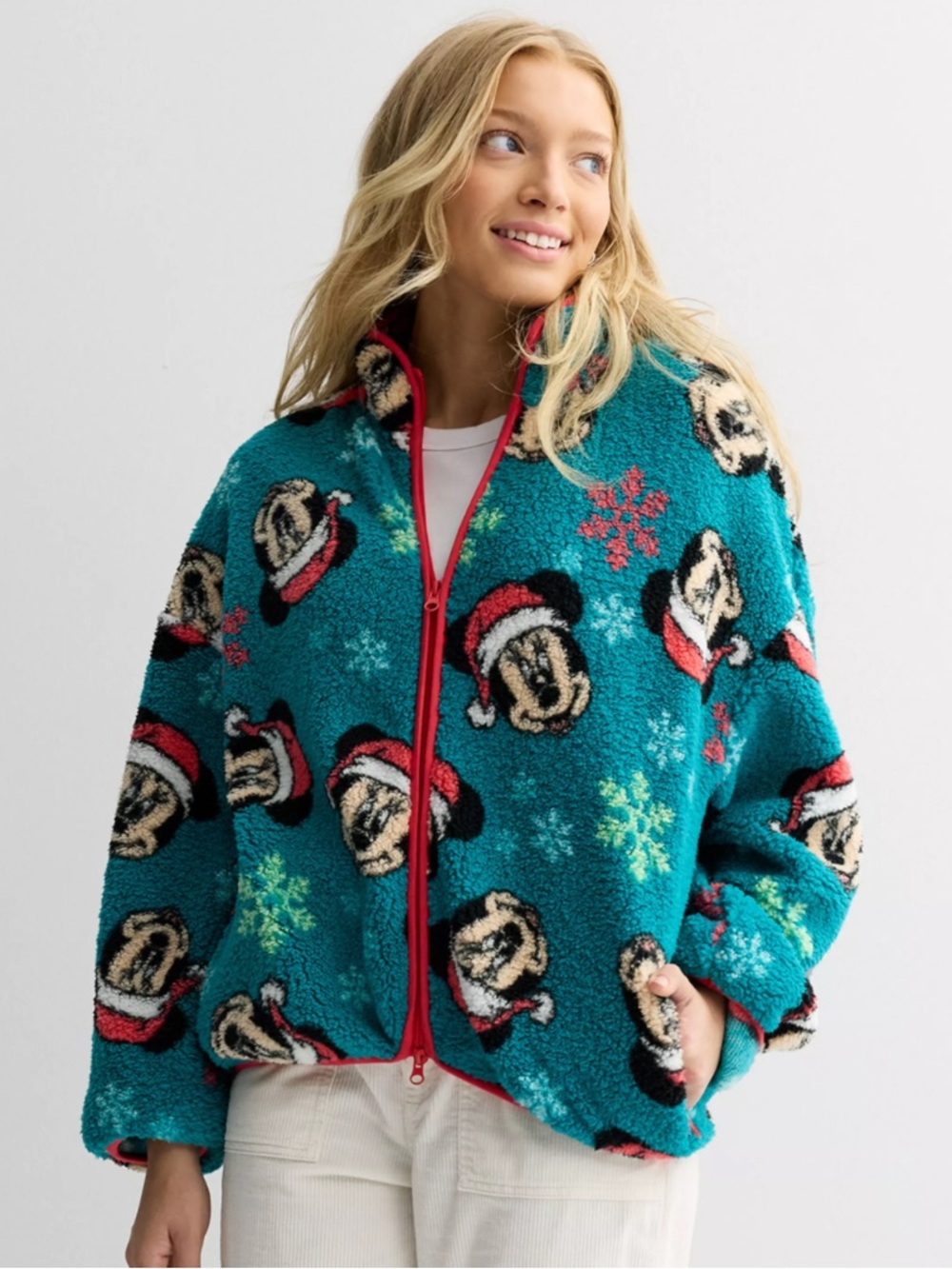 Juniors' Disney's Minnie Mouse Long Sleeve Zip Neck Fleece Pullover